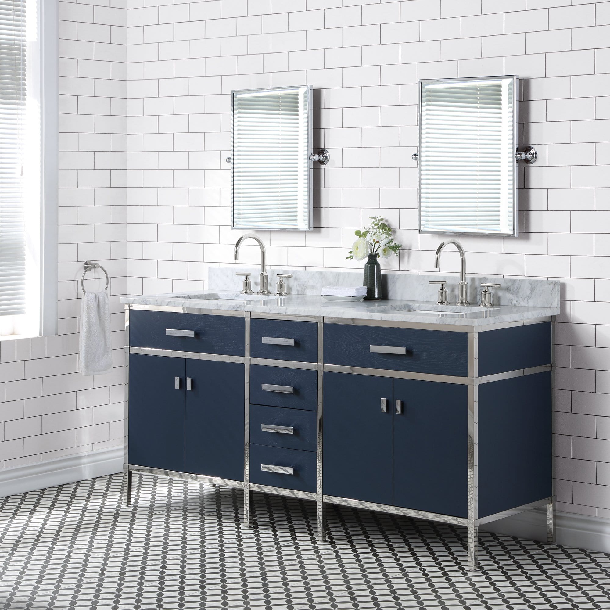 Water Creation Marquis 72 In. Double Sink Carrara White Marble Countertop Vanity in Monarch Blue with Hook Faucets - Molaix732030765986Bathroom vanityMQ72CW01MB-000BL1401