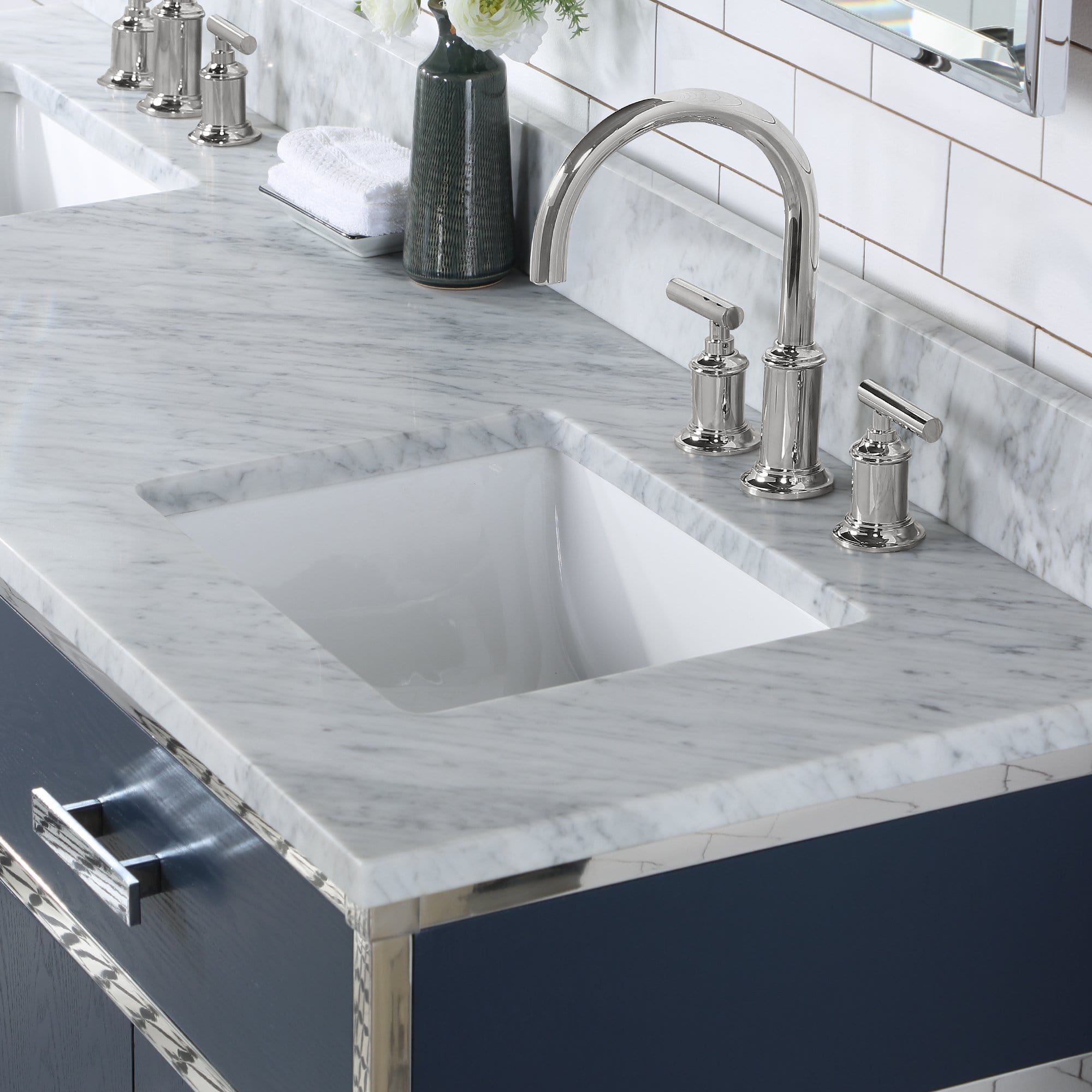 Water Creation Marquis 72 In. Double Sink Carrara White Marble Countertop Vanity in Monarch Blue with Hook Faucets - Molaix732030765986Bathroom vanityMQ72CW01MB-000BL1401