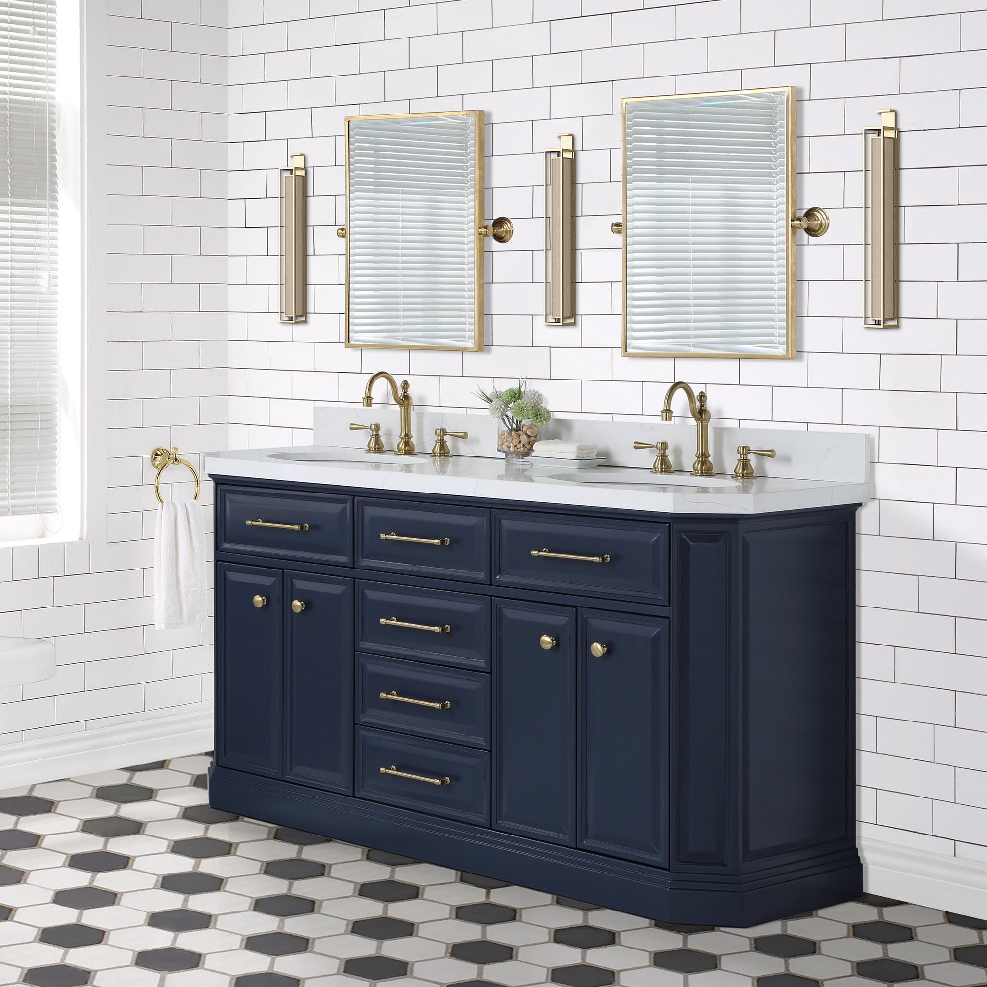 Water Creation Palace 60 In. Double Sink White Quartz Countertop Vanity in Monarch Blue - Molaix732030764972Bathroom vanityPA60QZ06MB-000000000