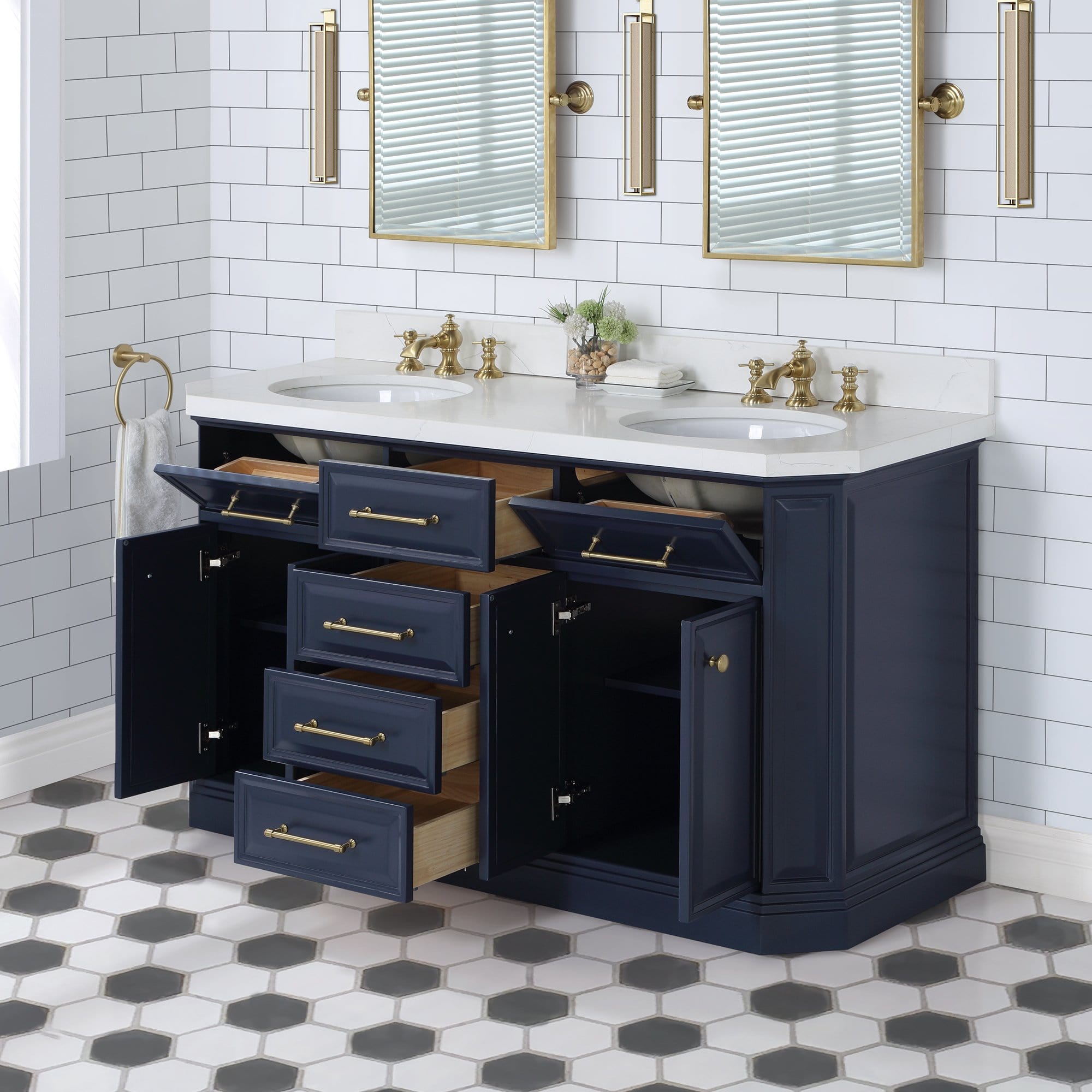 Water Creation Palace 60 In. Double Sink White Quartz Countertop Vanity in Monarch Blue with Waterfall Faucets - Molaix732030765009Bathroom vanityPA60QZ06MB-000FX1306