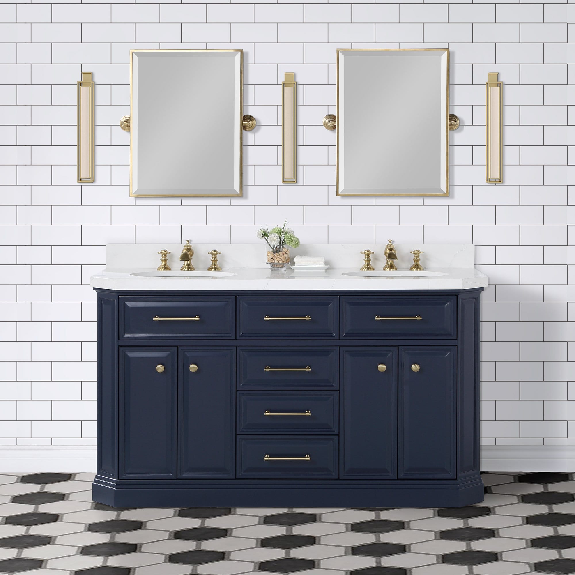 Water Creation Palace 60 In. Double Sink White Quartz Countertop Vanity in Monarch Blue with Waterfall Faucets - Molaix732030765009Bathroom vanityPA60QZ06MB-000FX1306