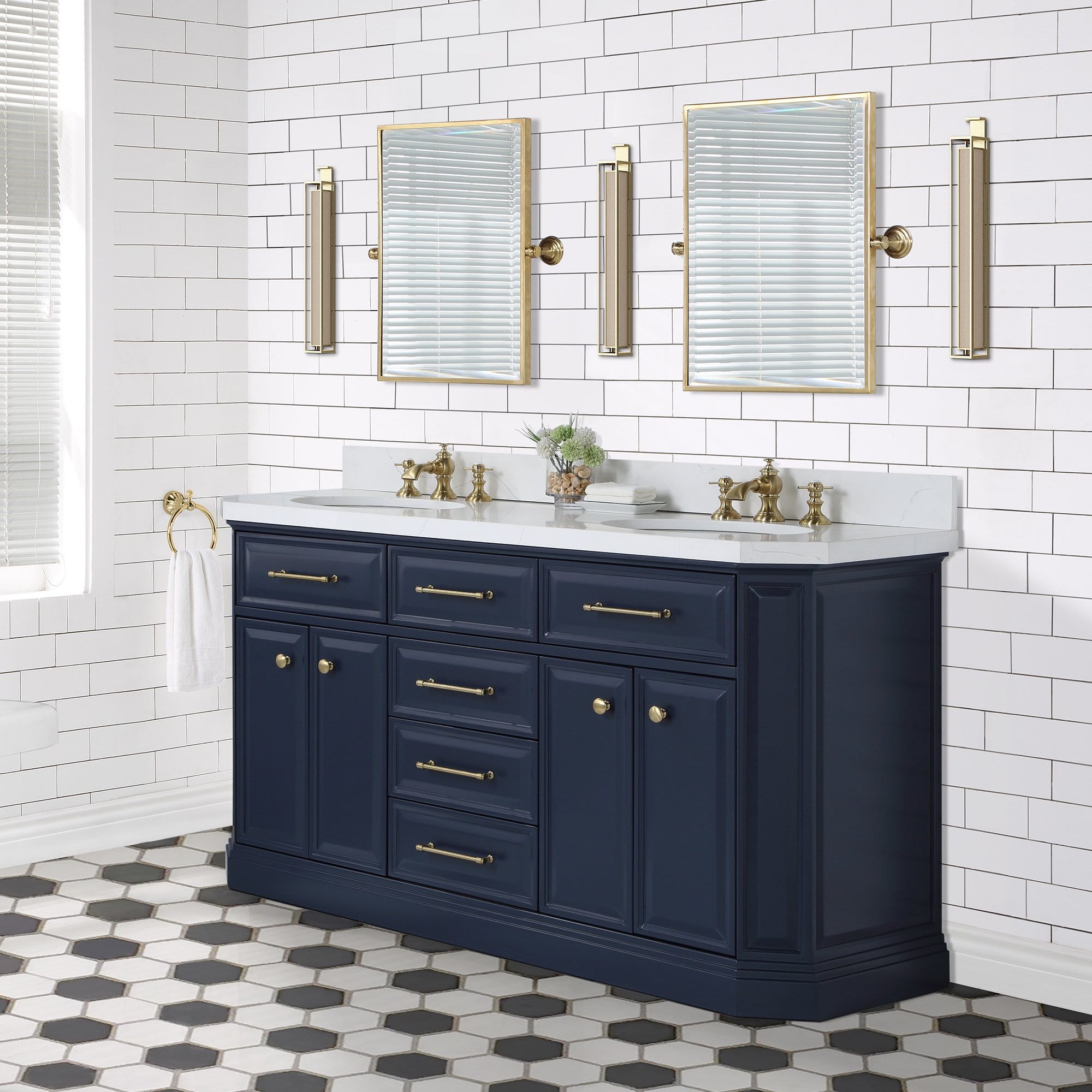 Water Creation Palace 60 In. Double Sink White Quartz Countertop Vanity in Monarch Blue with Waterfall Faucets and Mirrors - Molaix732030765023Bathroom vanityPA60QZ06MB-E18FX1306