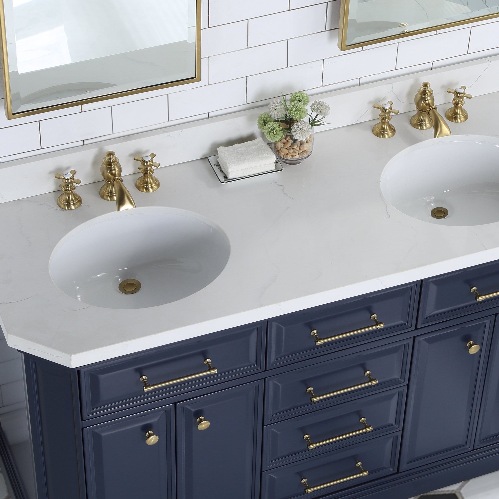Water Creation Palace 60 In. Double Sink White Quartz Countertop Vanity in Monarch Blue with Waterfall Faucets and Mirrors - Molaix732030765023Bathroom vanityPA60QZ06MB-E18FX1306