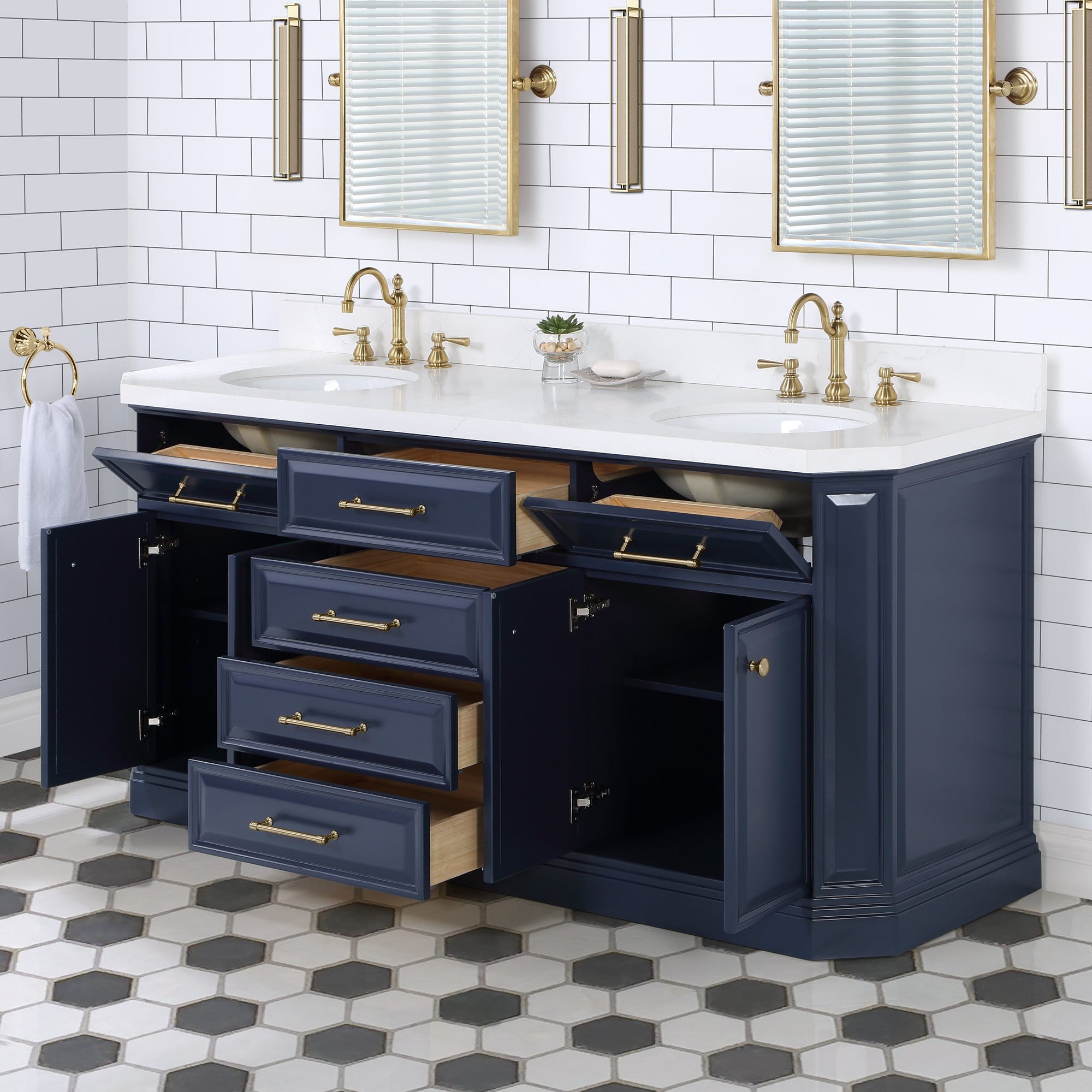 Water Creation Palace 72 In. Double Sink White Quartz Countertop Vanity in Monarch Blue and Mirrors - Molaix732030765047Bathroom vanityPA72QZ06MB-E18000000