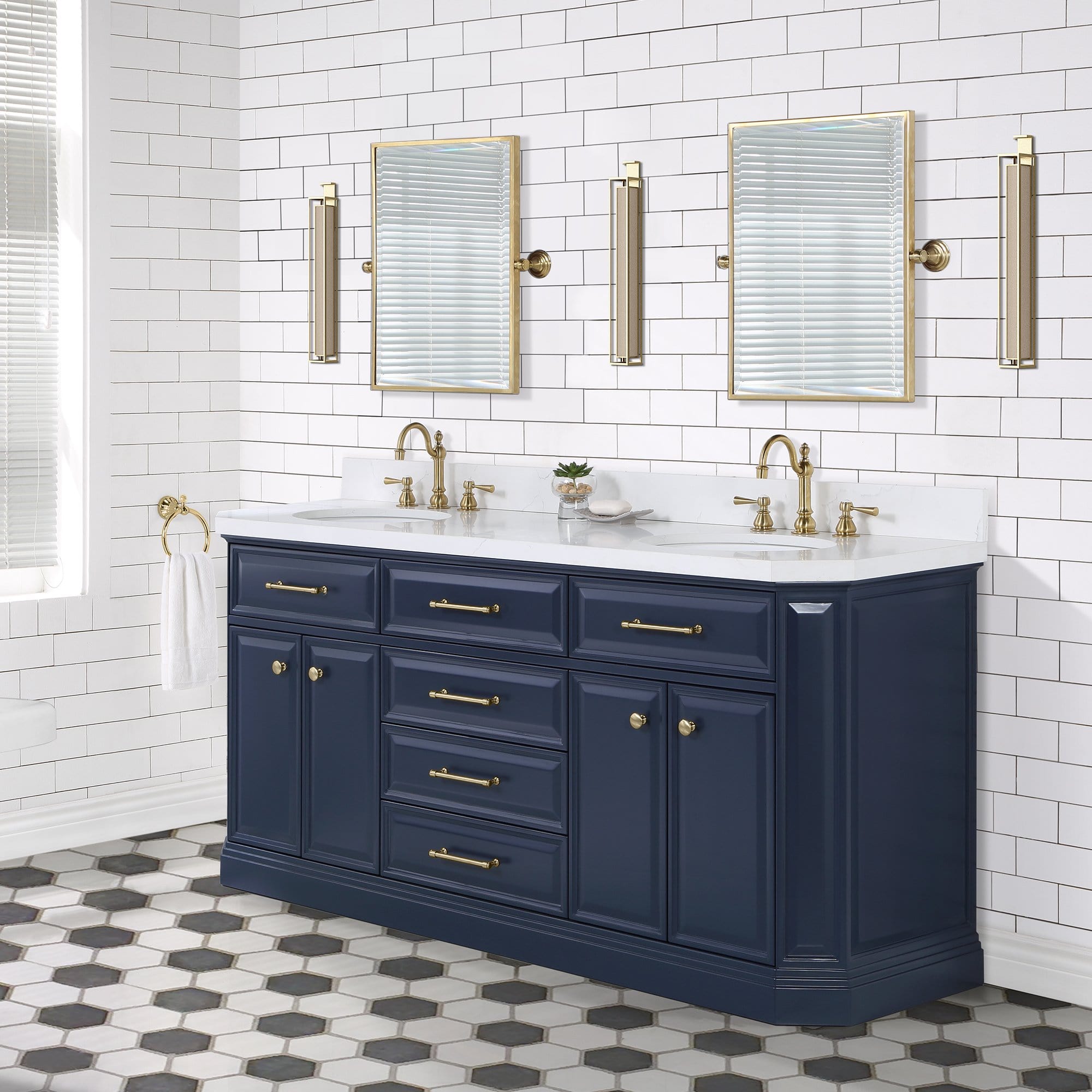 Water Creation Palace 72 In. Double Sink White Quartz Countertop Vanity in Monarch Blue with Hook Faucets and Mirrors - Molaix732030765078Bathroom vanityPA72QZ06MB-E18TL1206