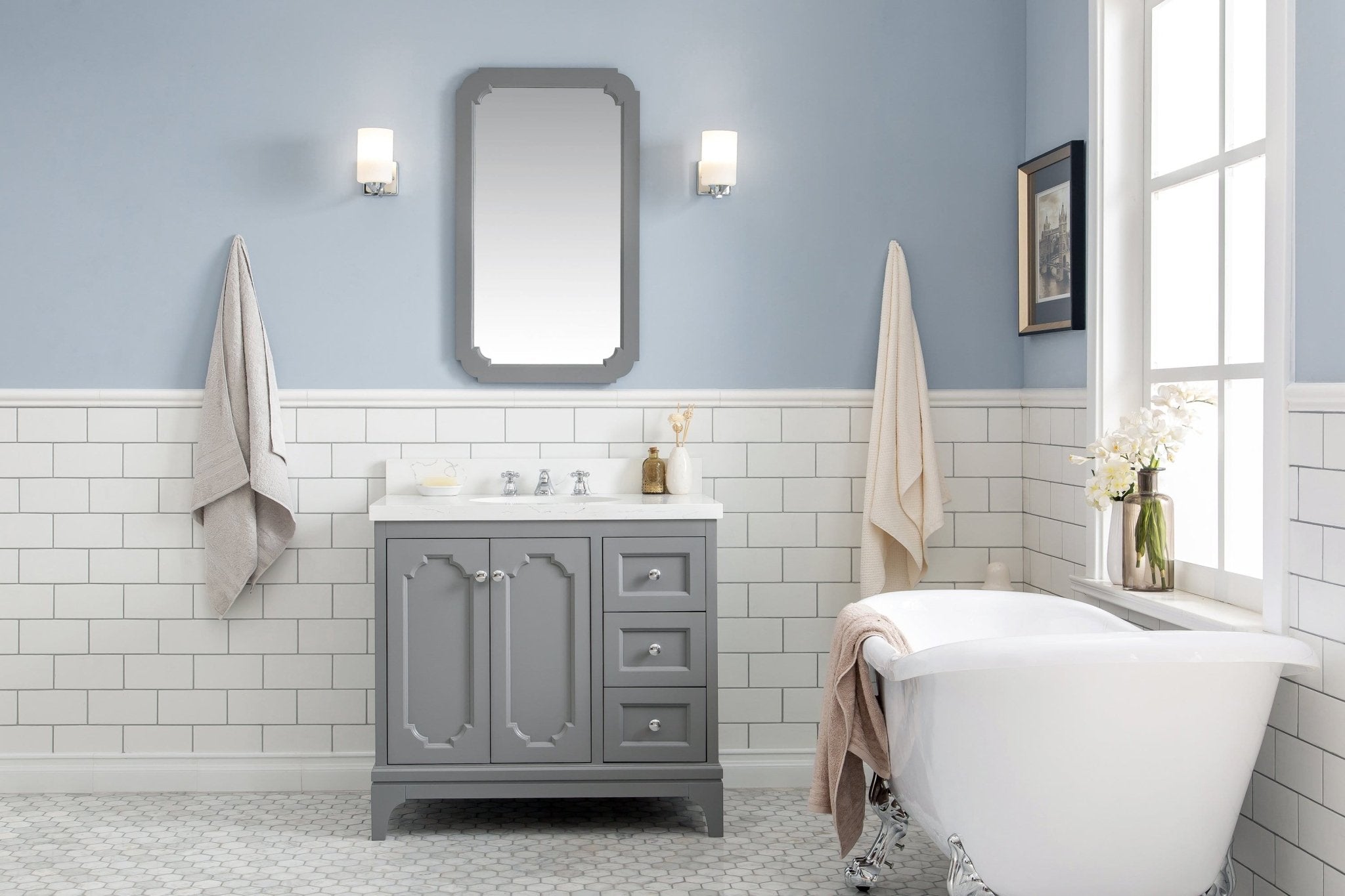 Water Creation Queen 36-Inch Single Sink Quartz Carrara Vanity In Cashmere Grey With F2-0009-01-BX Lavatory Faucet(s) - Molaix732030758001Bathroom vanityQU36QZ01CG-000BX0901