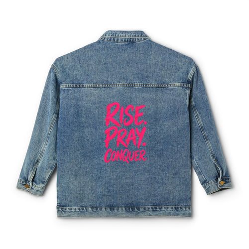 Women's denim jacket with Rise. Pray. Conquer. on the back