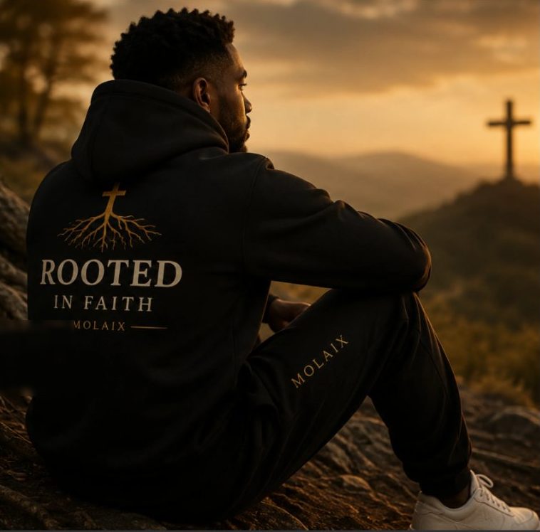 A man in a black Rooted in Faith hoodie sits on a hillside at sunset, looking toward a cross on the ridge
